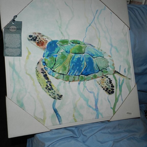 Carol Robinson Blue Sea Turtle Swim Canvas Wall Art 24" x 24" White Framed NEW - Picture 3 of 14